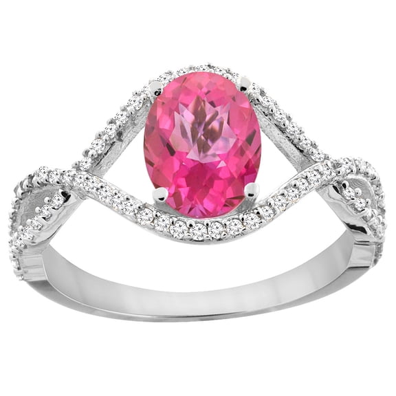 10K White Gold Natural Pink Sapphire Ring Oval 8x6 mm Infinity Diamond Accents, size 5
