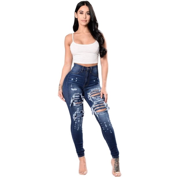Vaqueros rasgados de cintura alta para mujer, pantalones pitillo elásticos a la moda, informales, ajustados, S-3XL, otoño, 2023