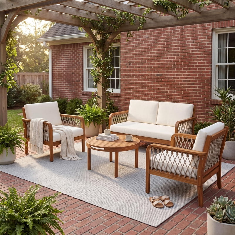 4-Piece Outdoor Acacia Wood Sectional Sofa Set, Patio All-Weather Conversation Chat Set with Woven Rope Armrests & Removable Cushions