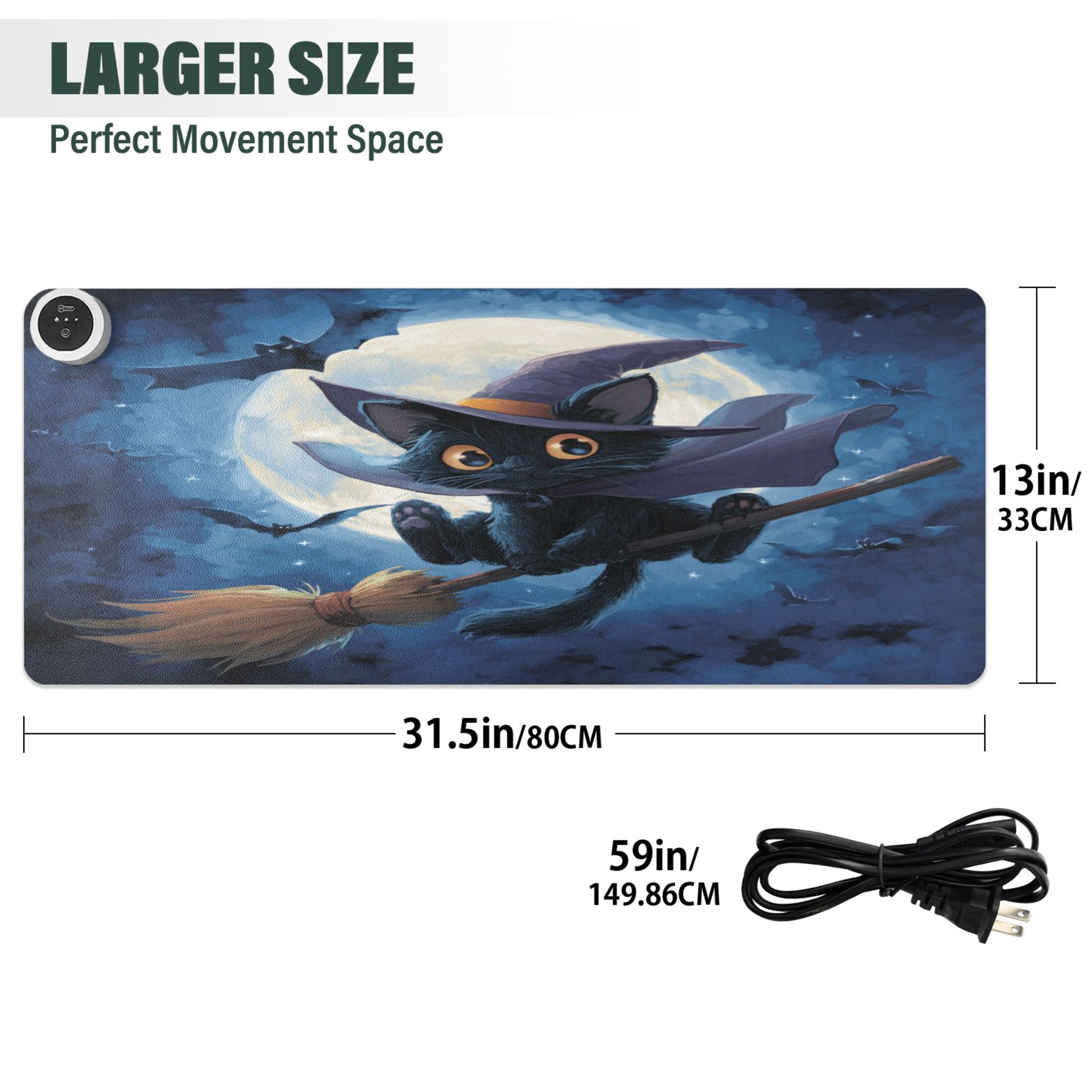 Large Heated Desk Mat Mouse Pad 31.5"x13"PU Leather Graphene Heating Desk Warmer with 3 Temperature Settings 110V US Plug Non-Slip Warm Pad for Home, Office, and Gaming Halloween Cape Black Cat