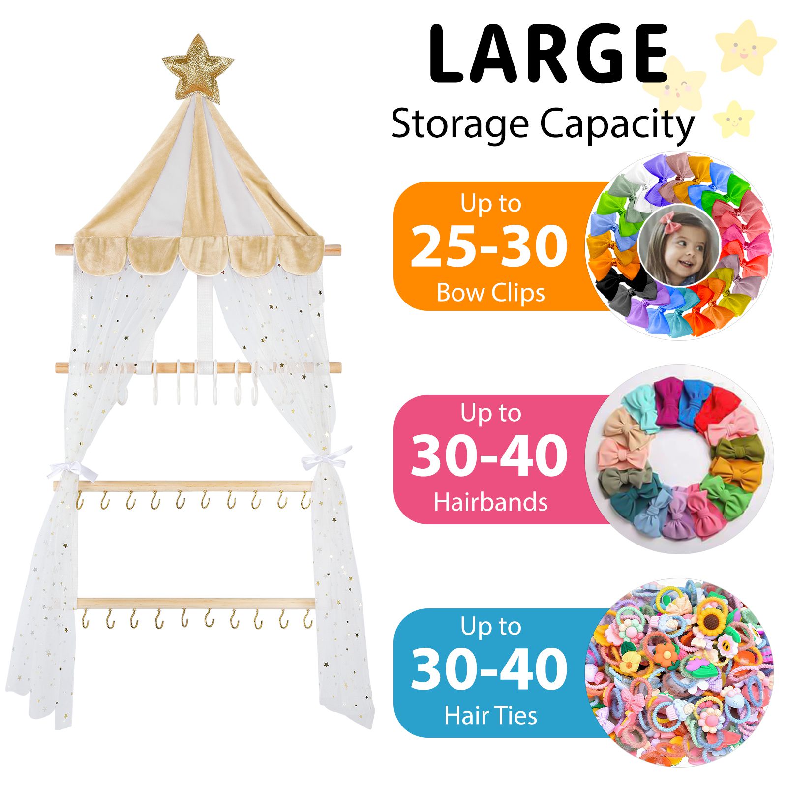 With 10 Hooks Headband Holder, Hair Bow Organizer with Pocket, Hair Accessories Wall Closet Hanging Storage Displayfor Girls Baby Toddler, for Hair Ribbons Ties Clips