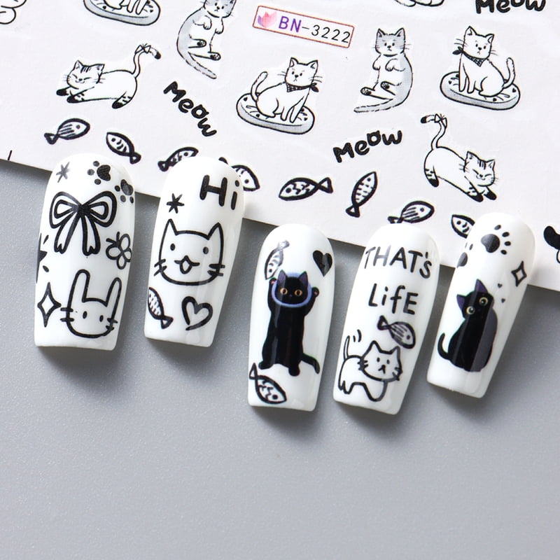 12pcs Cartoon Cute Cat Stickers For Nails Star Flower Bow Nail Water Decals Sliders Korean Japanese Nail Art Manicure Decoration