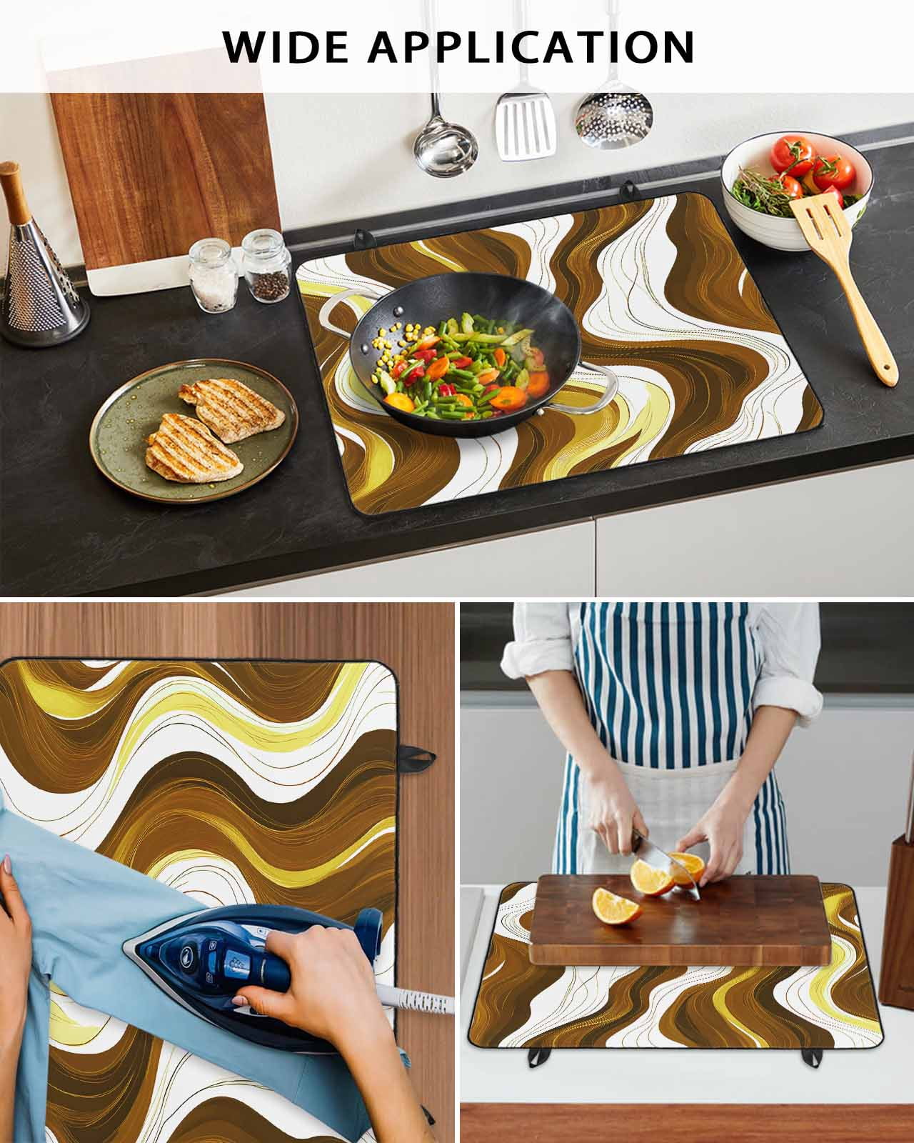nqOlkjepod Large Induction Cooktop Protector Mat 24"x21", Brown Stripe Stove Top Covers for Electric Stove, Gold Geometric White Coastal Wave Modern Ocean Stove Burner Cover Mats Stove Cover