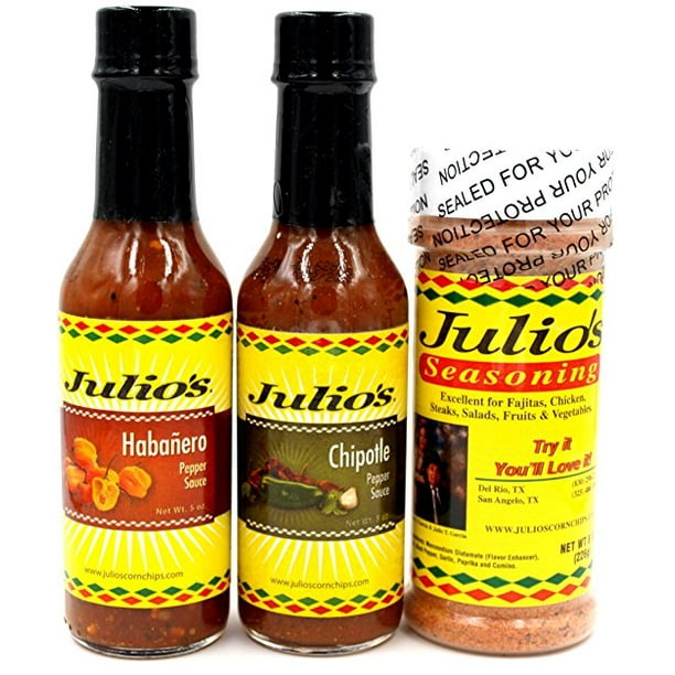 Julio S Hot Sauce And Seasoning Gift Pack Habanero Pepper Sauce Chipotle Pepper Sauce Famous Julios Spice Blend Walmart Com Walmart Com