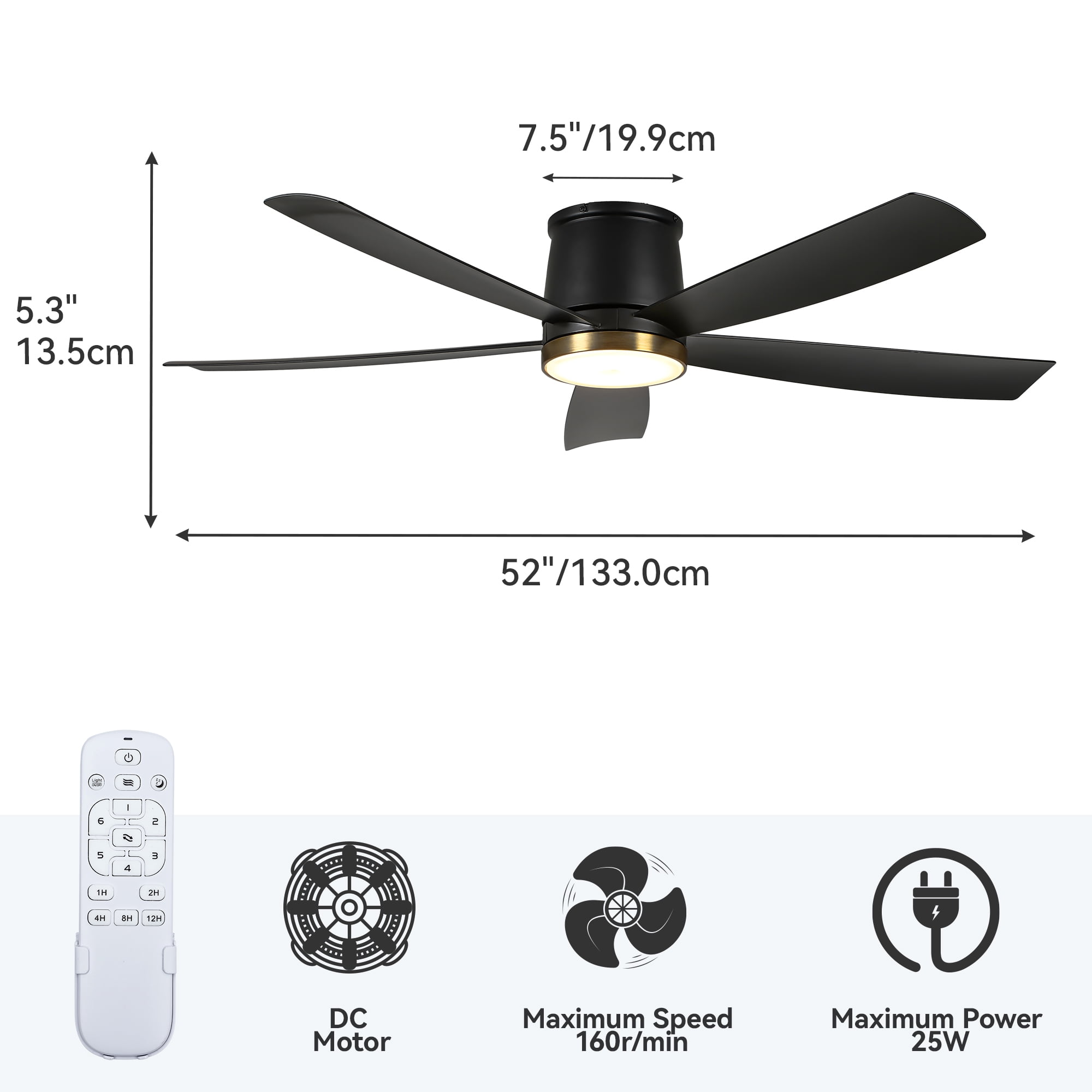 Uforic 52" Quiet Ceiling Fan with Tri-Color LED Light, Remote Control, and 6-Speed Flush Mount for Bedrooms and Living Rooms (Black + Gold Accent)