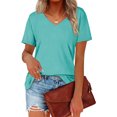 thumbnail image 1 of Camiseta de mujer Color puro Pit Strip cuello en V manga corta Top señoras suelta camiseta casual azul cielo XL, 1 of 6