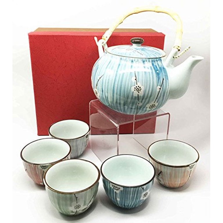 Japanese Design White Cherry Blossom Ceramic Tea Pot and Cups Set