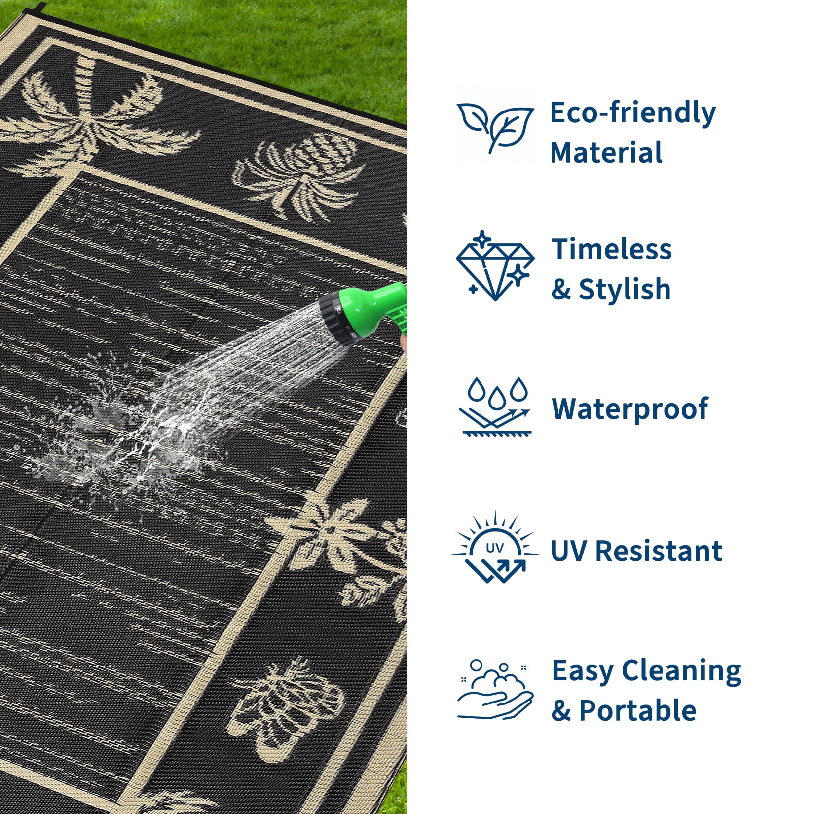 Nanan 9'x12' Outdoor Rug, Waterproof Reversible Patio Rug, Portable Foldable Floor Cover for Camping, Picnic, Beach, Deck, Backyard, Black Coffee