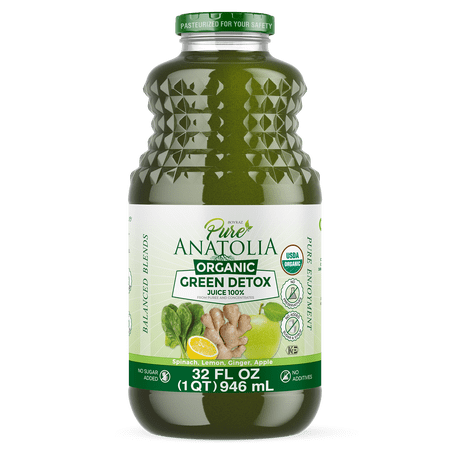 Pure Anatolia Organic Green Detox Juice Spinach, Apple, Ginger, Lemon , 32 Fl Oz Glass Bottle