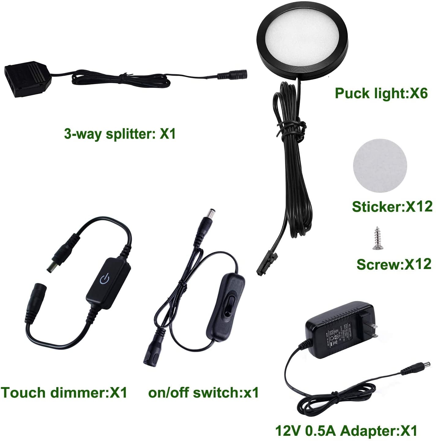 Under Cabinet LED Puck Lighting Kit with Touch Dimmer Switch - Black Cover, Daylight White (6 Lights) for Kitchen Cupboard and Closet Lighting