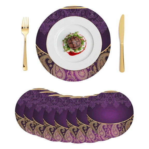 Purple Boho Floral Round 13 Inch Placemats Set of 8, Vintage Ethnic Tribal Abstract Art HeatResistant Non Slip Place Mats for Dining Table, Wipeable Braided Kitchen Table Mats for Housewarming