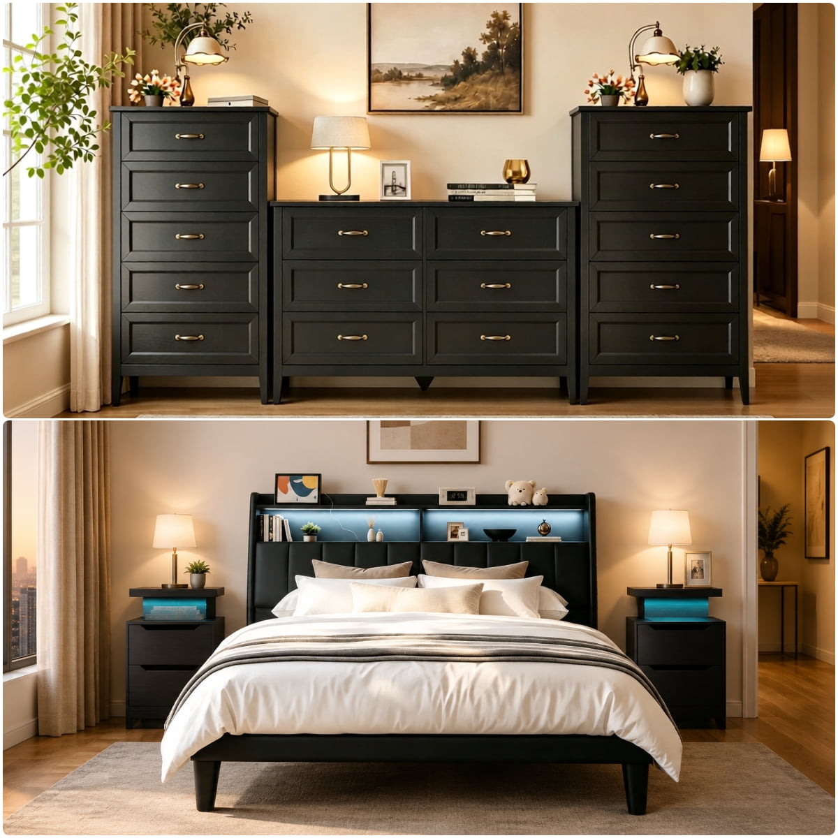 6-Piece Queen Bedroom Furniture Set — Gizoon Black LED Upholstered Platform Bed with Charging Station, 2 Nightstands, 6-Drawer Dresser and 2 Chests