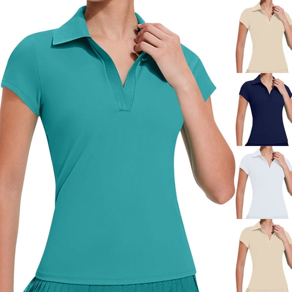 Women's V Neck Golf Shirts Short Sleeve Tennis Shirt Collared Workout Tops Quick Dry Yellow