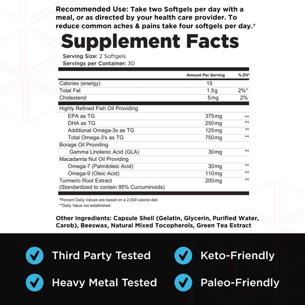Livingood Daily Omega 3 6 9 Plus Turmeric Curcumin - Omega 3 Supplement (EPA & DHA) - Supports Heart Health, 60 Softgels