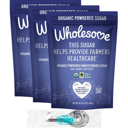 Wholesome Organic Powdered Confectioners Sugar - 16 Ounce Bag (Pack of 3) Non GMO, Gluten Free - with By The Cup Measuring Spoons