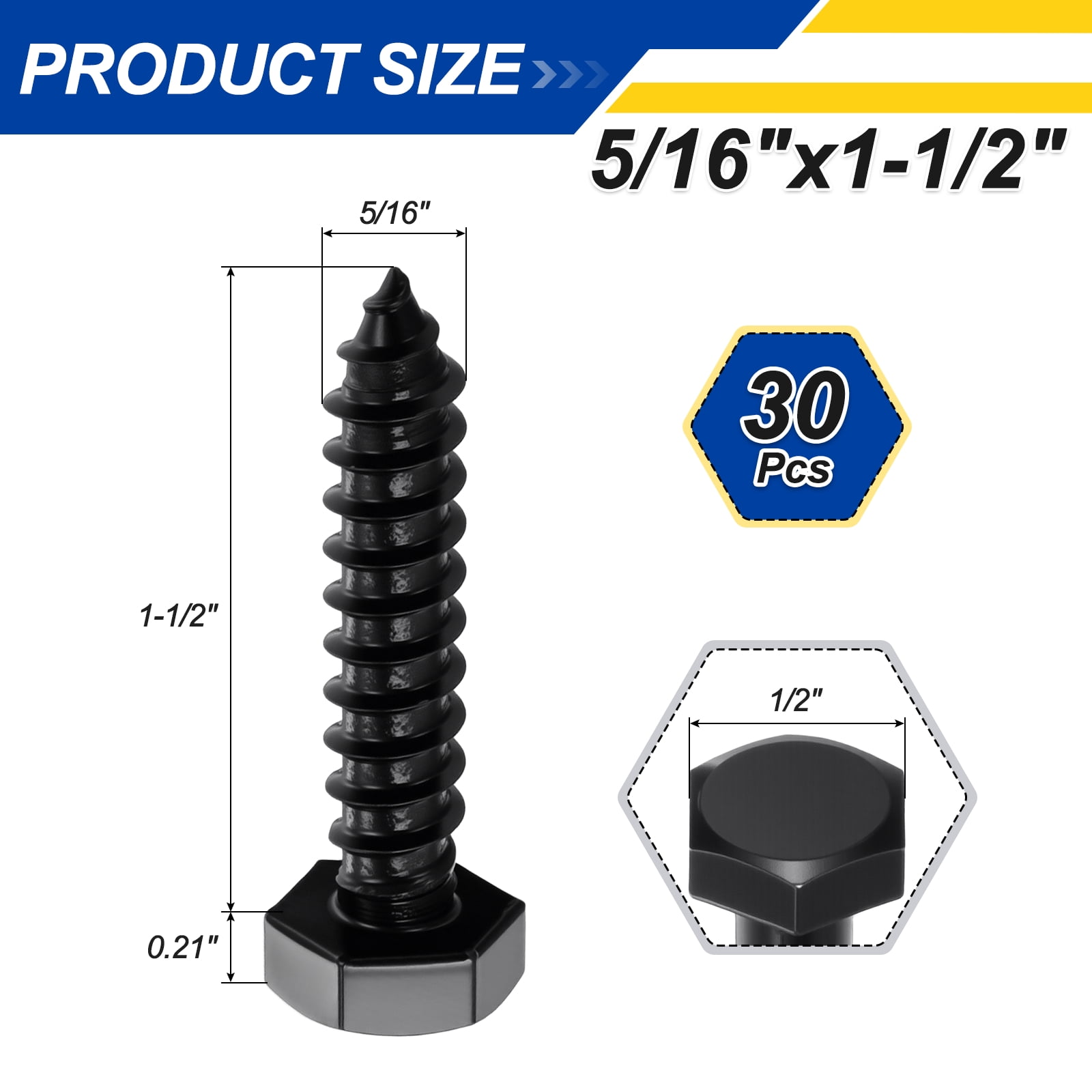Uxcell 30 Pcs Hex Head Lag Screws - 5/16"x1-1/2" Stainless Steel 18-8 (304) Lag Bolts Hexagon Head Heavy Duty Wood Screws for Wood, Decks, Fences, Furniture, Black