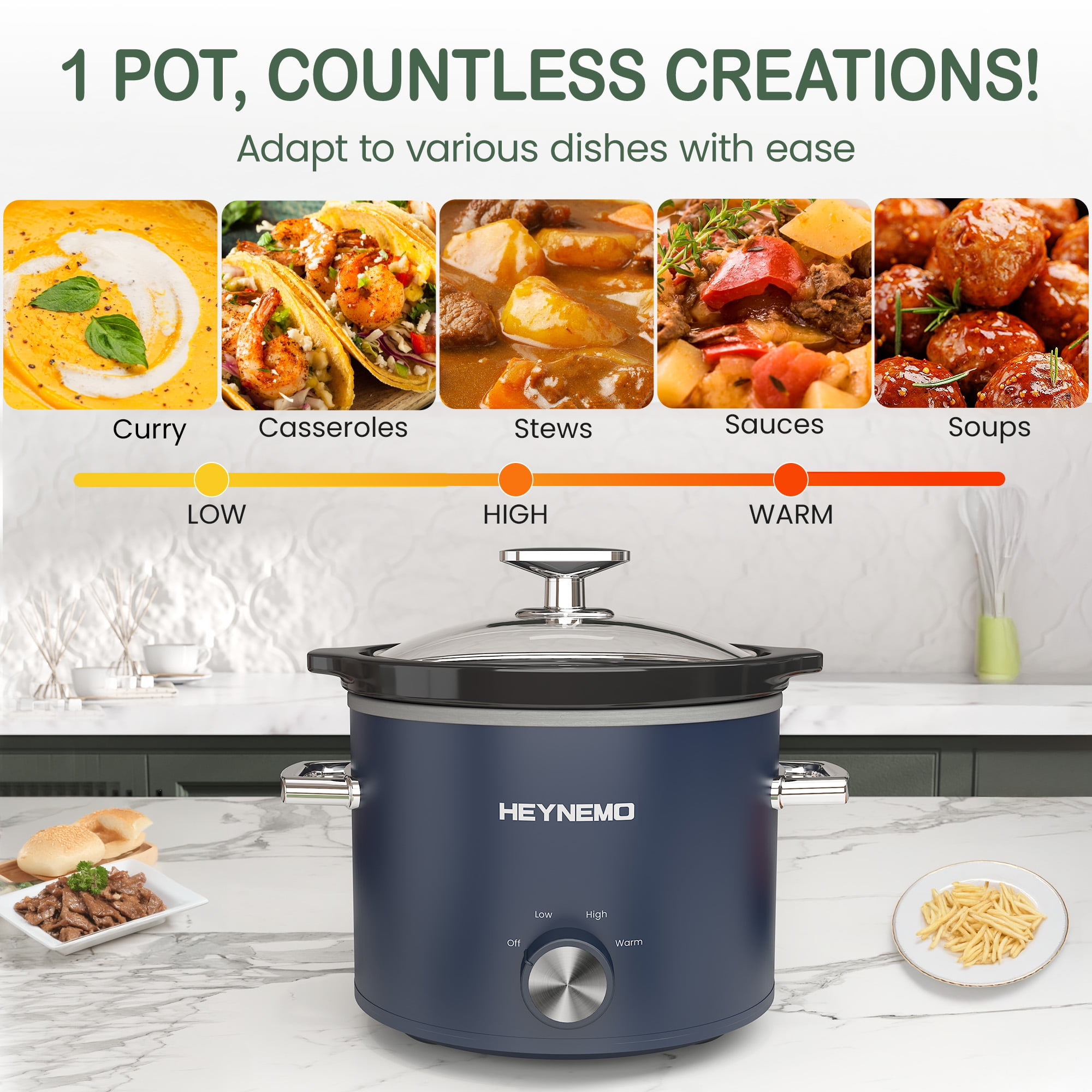 Sunvivi 2 Quart Slow Cooker With Removable Ceramic Pot and 3 Heating Settings, Stainless Steel, Blue