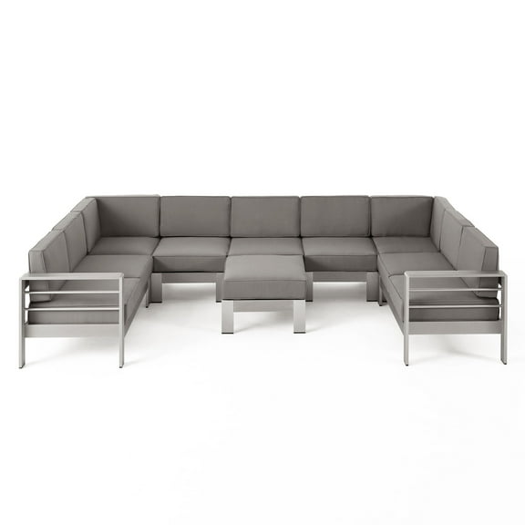 GDF Studio Crested Bay Outdoor Aluminum 9 Seater Sectional Sofa Set with Ottoman, Silver and Khaki