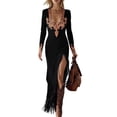 thumbnail image 2 of Bohemian Velvet Fringe Maxi Dress, Vintage V-Neck Long Sleeve Bodycon Dress for Country Outfits, 2 of 5