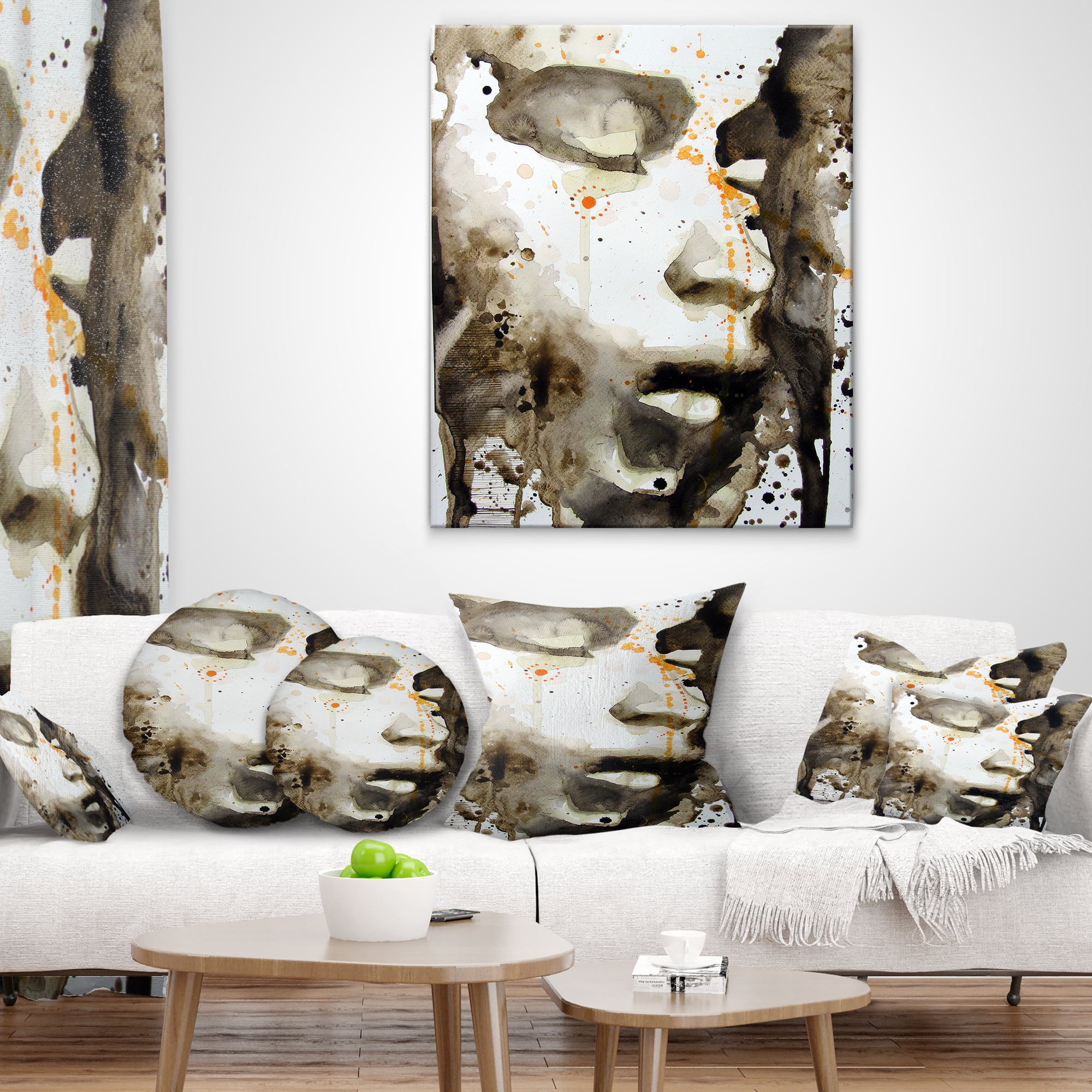 Designart Brown Illustrated Girl - Abstract Portrait Throw Pillow - 12x20