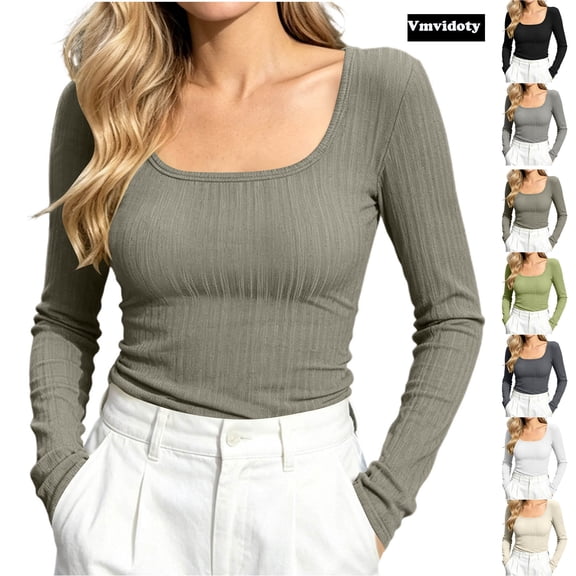Ribbed Square neckline Tee with Long Sleeves, Women's & Women's Plus Army Green L