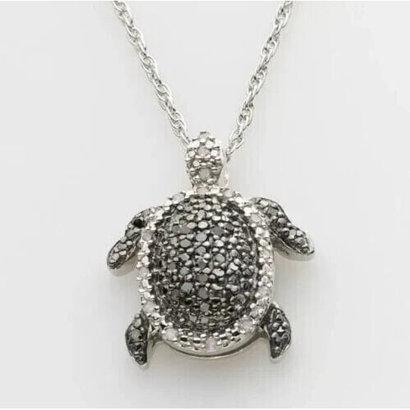 1.50 Ct Lab Created Black Diamond Turtle Pendant Necklace 14K White Gold Plated Silver