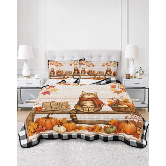Quilts King Size, Cat Pumpkins Fall Soft Comforter Bedding Set for Bed, Thanksgiving Checkered Wooden Branches Lightweight Quilted Bedspread with Pillow Cover(2 Pieces) for All Season, 96x106 Inch