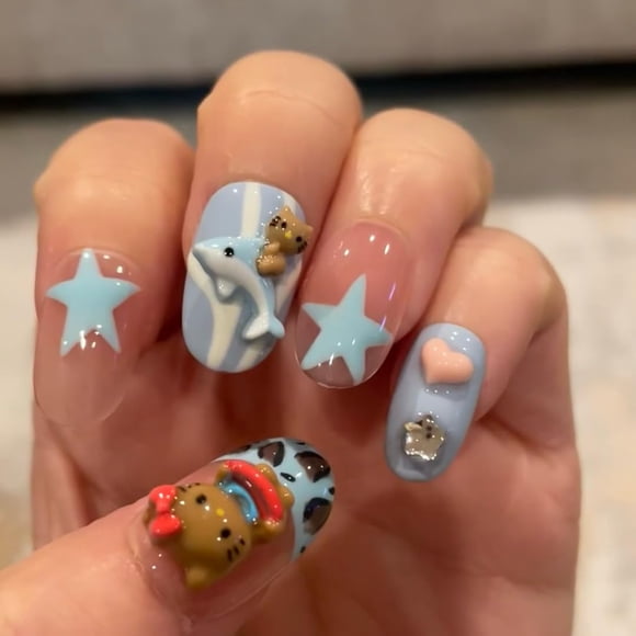 Uñas Postizas Pethawata Azul Leopardo Cortas Ovaladas 10 Piezas