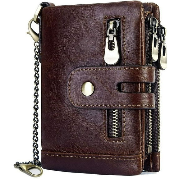 Men's wallet protection men's leather wallet with chain double fold men's wallet with coin pocket zipper wallet 16 card slots wallet (coffee)