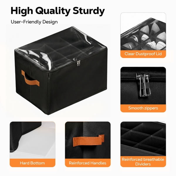 Riousery 2 Pack Foldable Shoe Organizer for Closet, Shoe Storage Bins with Clear Zipper Cover and Handles, Holds up to 24 Pairs, Black