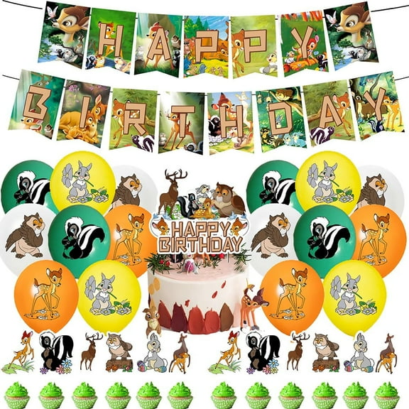 Bambi Theme Cartoon style Birthday Decoration Kits，Party Supplies for Kids，Including Banner, Balloons, Cake Toppers, Cupcake Toppers.