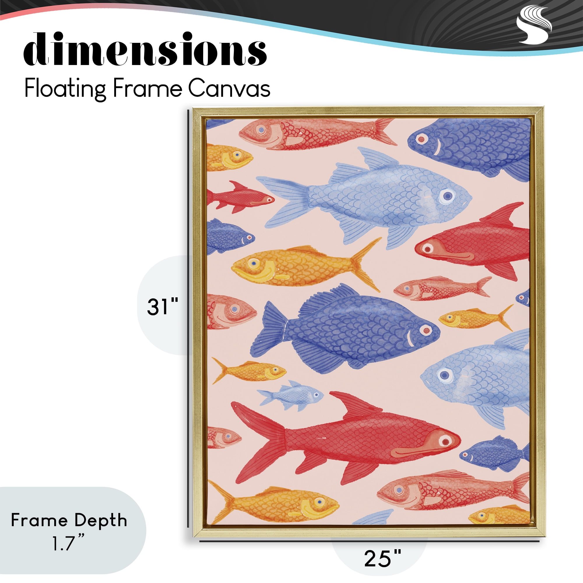 Stupell Industries Red Yellow and Blue Fish Gold Framed Floater Canvas Wall Art, design by The Paper Curator