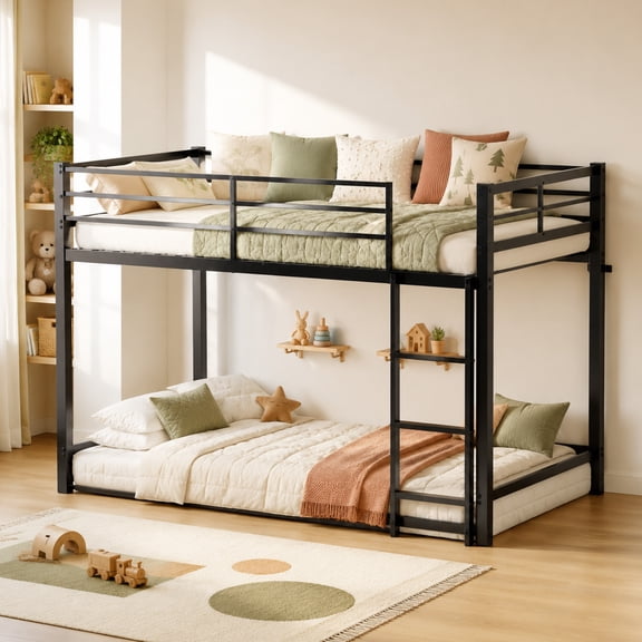 Alvantor Bunk Bed Twin Size, Metal Bunk Bed for Kids with Ladder and 16" Guardrail Black