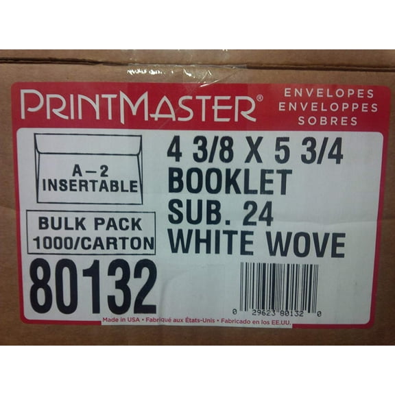 White A2 Envelopes, 4 3/8" X 5 3/4" Booklet, Bulk 1000/carton