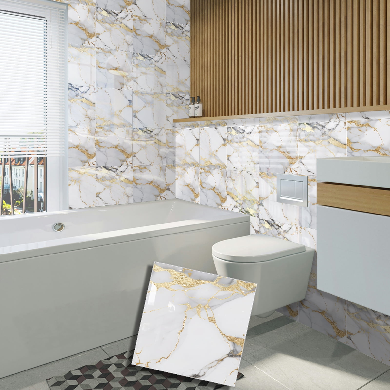 DEWOO 10pcs Peel and Stick Backsplash Wall Tile, Waterproof Peel and Stick Marble Wall Tiles, Self-Adhesive Panels for Bathroom, Kitchen, and Living Room (Gold Marble,12"×12")