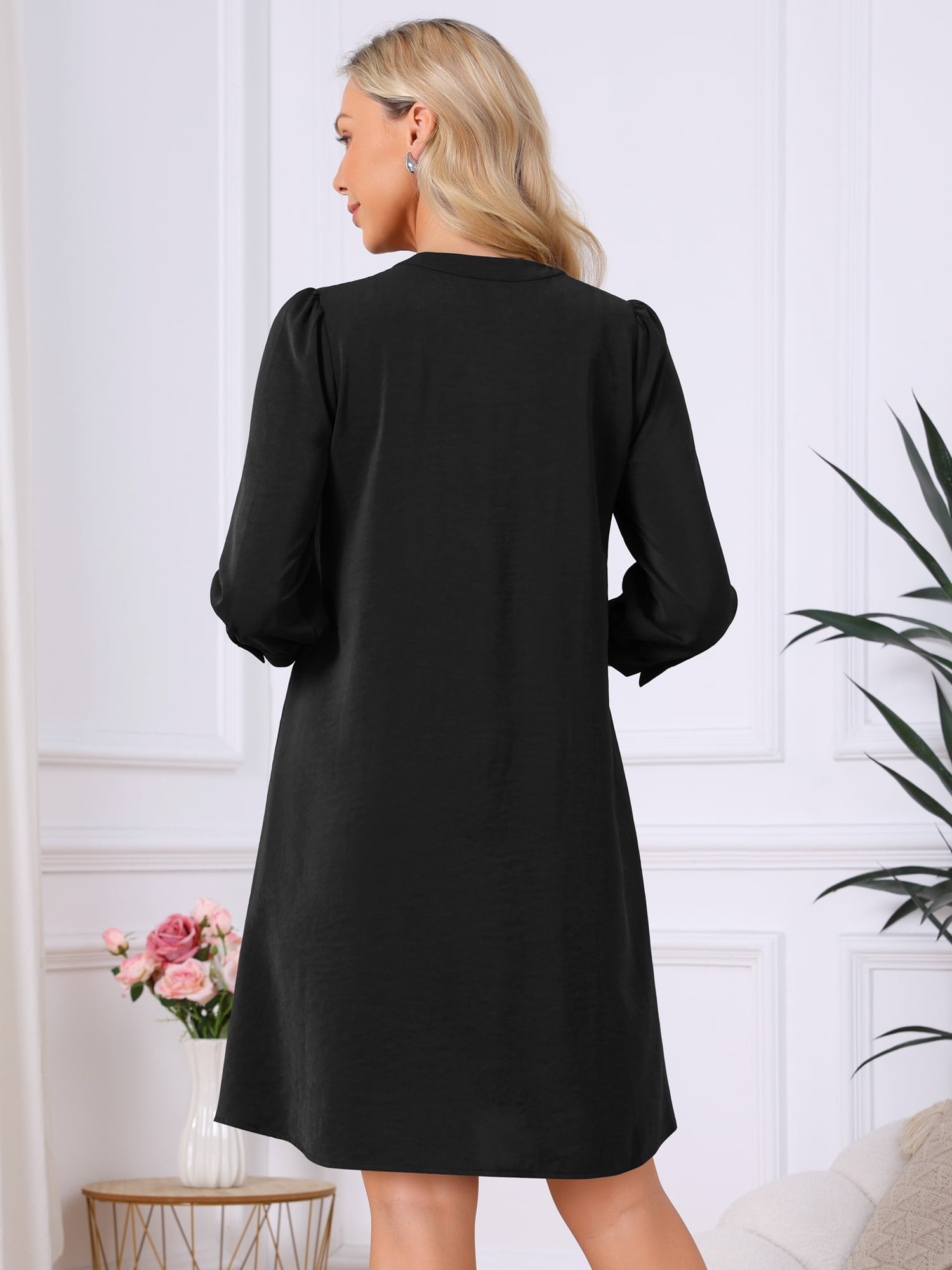 DARING DIVA Women's 3/4 Puff Sleeve Mini Button Crewneck Shift Dress M Black