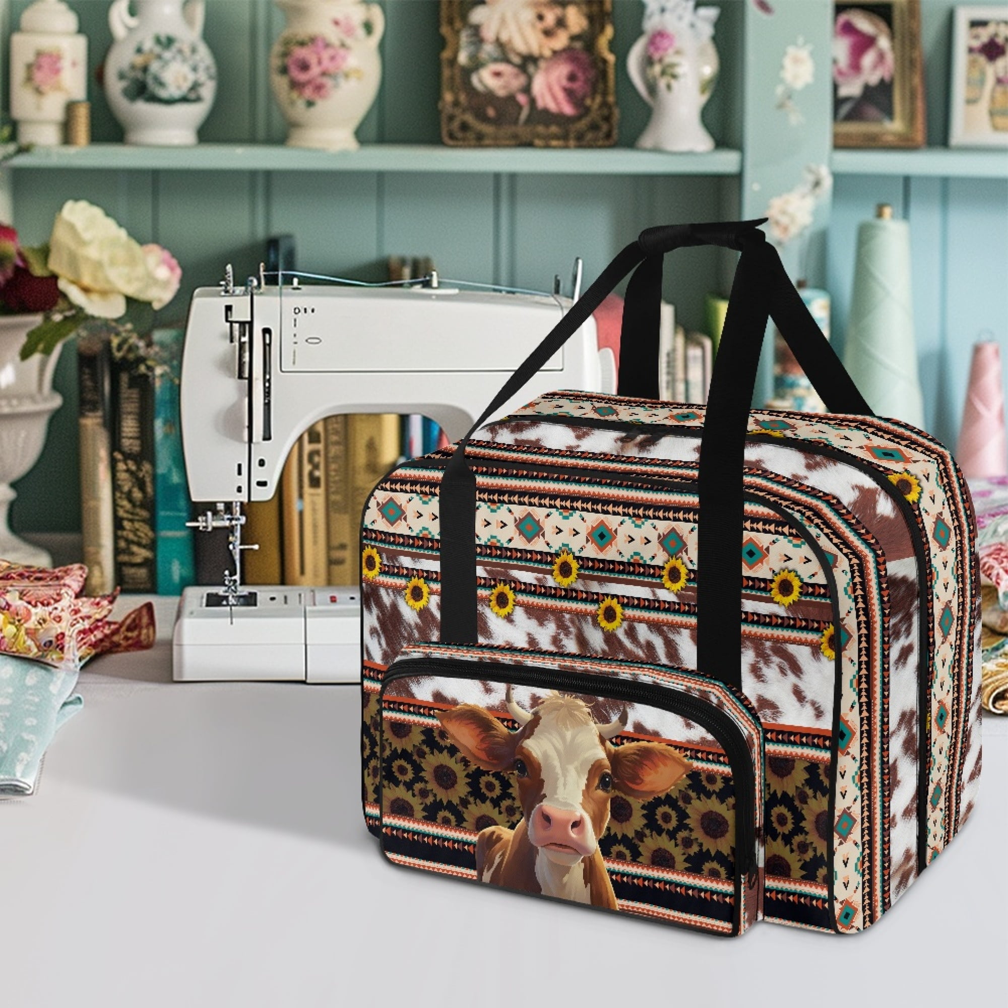 ZIATUBLE Aztec Ethnic Sewing Machine Tote Bag Sunflower Cow Traveling Bag with Zipper Cow Print Organizer Bag with Storage Pocket Sewing Machine Cabinets and Storage Organizer