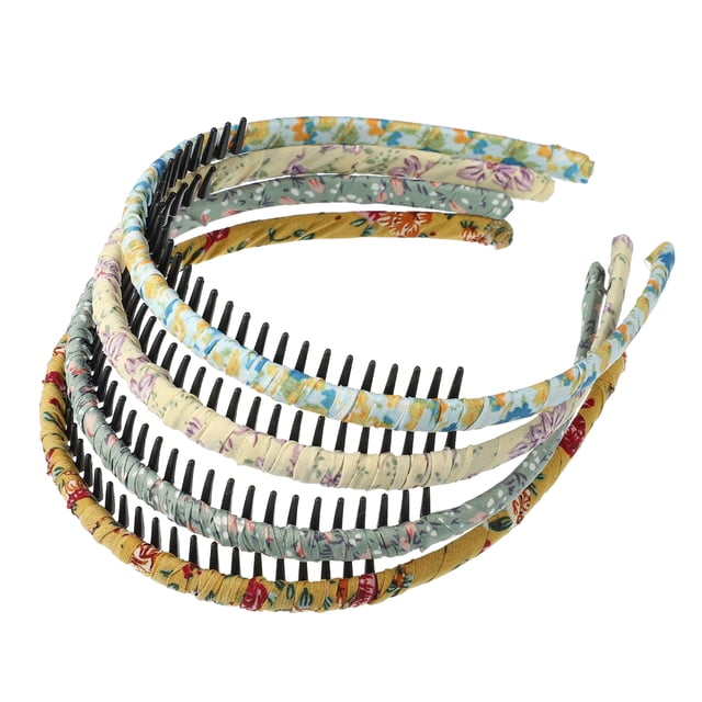 Unique Bargains 4pcs Teeth Comb Floral Pattern Headbands Tooth Comb Hair Hoop Purple Deep Green Yellow Yellow Blue