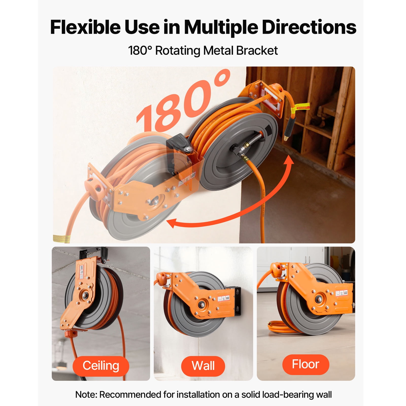 KFFKFF Retractable Air Hose Reel, 3/8 Inch x 50 FT Hybrid Hose, 300 PSI Capacity, Auto Rewind with 5 ft Lead-In, 180° Swivel Mount for Garage and Workshop Use