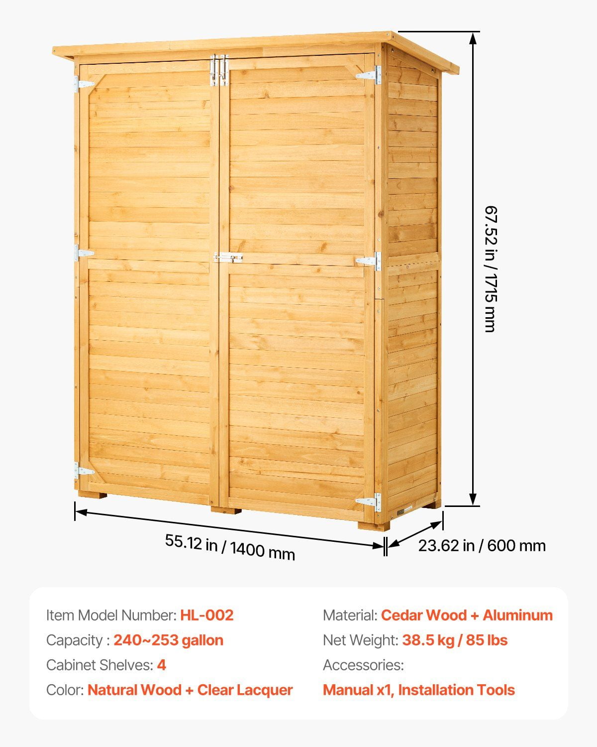 Outdoor Wooden Storage Shed 55x67.5 Inch Waterproof Garden Tool Shed with Metal Roof, Adjustable Feet, Sturdy Natural Cedar Construction, Spacious Interior, Easy Assembly, Durable & Weather-Resistant