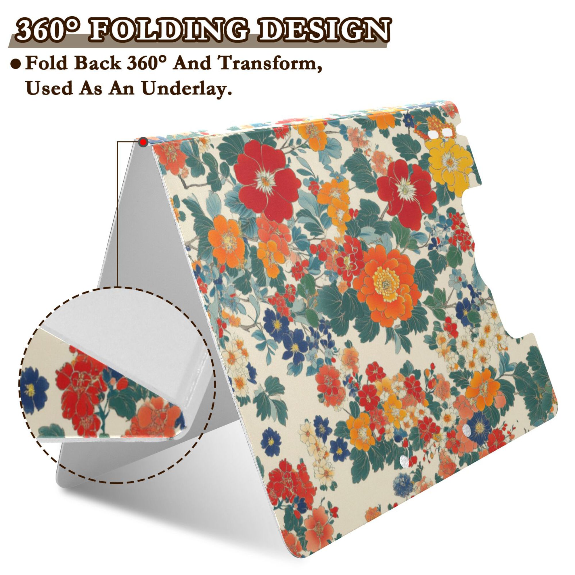 FORMRS A4 Clipboard Folder with Pen Holder Horizontal Foldable School Office Binder, Orange Japanese Flowers Pattern