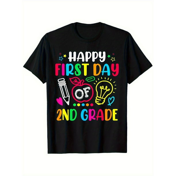 Happy First Day of 2nd Grade T-Shirt - Loose Fit Back to School Shirt with "Happy First Day" Slogan, Black Tee for Students, Student Outfit, Playful Graphic, Highquality Print