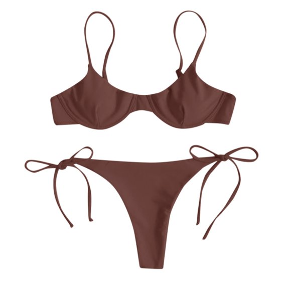 KaLI_store Womens Bikini Swimsuits Women Two Piece Scoop Neck Bikini Crop Top High Cut Swimsuit Sporty High Waisted Bathing Suit with Bottoms Coffee,M
