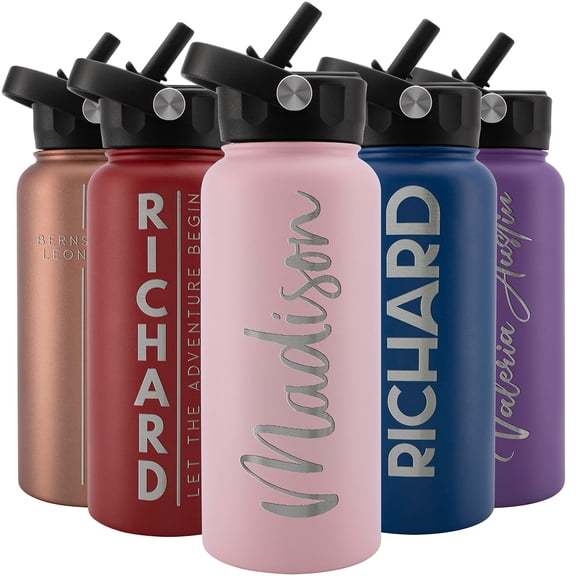 Amazing Items Bouteille d'Eau Personnalisée avec Paille et Couvercle, 32 oz - Rose / Bouteille d'Eau de Sport en Acier Inoxydable Personnalisée avec Nom et Texte - Double Paroi, Isolée sous Vide - Poignée Rotative