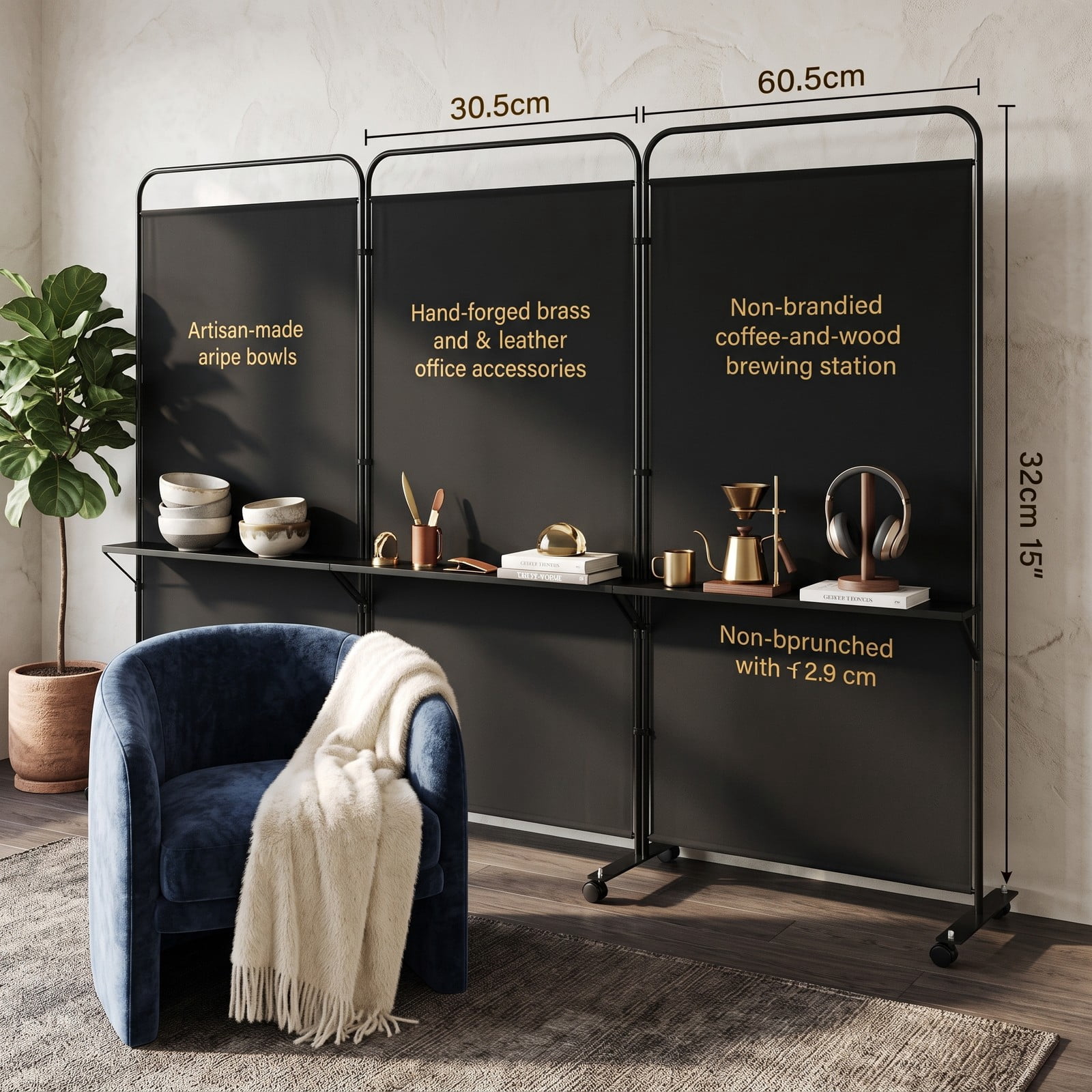ALPULON 3-Panel Folding Room Divider Privacy Screen with 3 Metal Shelves and Lockable Wheels, Freestanding Partition Panel for Living Room Bedroom Office, Black
