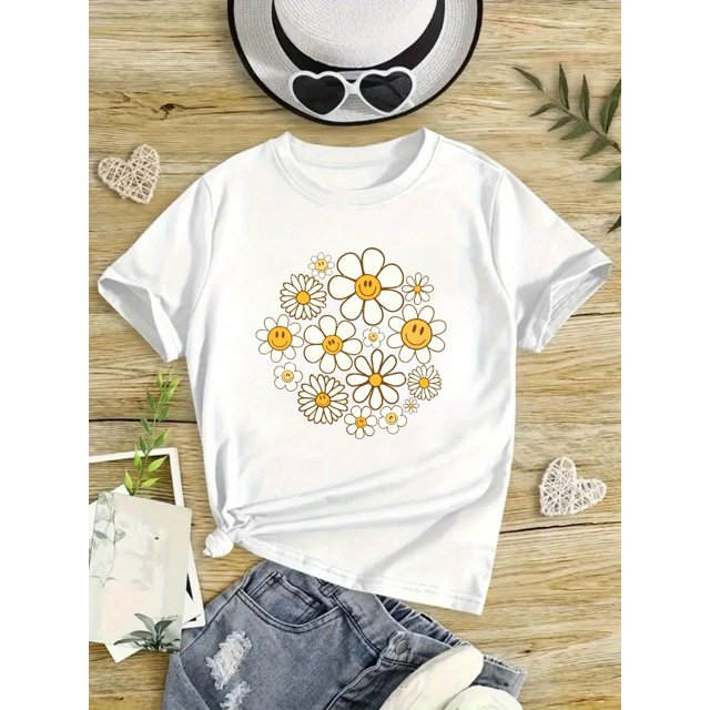 Girls' Cotton T-Shirt with Smiling Chrysanthemum Design - Casual, Lightweight, Short-Sleeved Top for Summer, Comfortable Fit, Knit Fabric, Summer Clothing | Floral Graphic Tee | Comfortable Fit Top