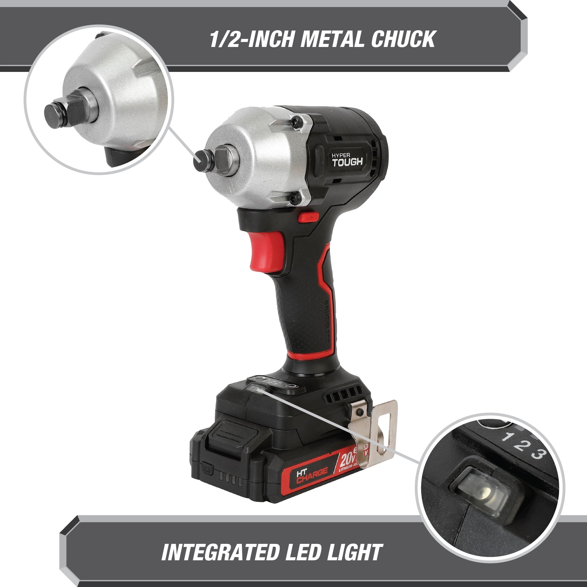 Hyper Tough 20V Max Compact Brushless 1/2-inch Impact Wrench with 2.0Ah Lithium-Ion Battery and Charger, 350 ft-lbs Torque