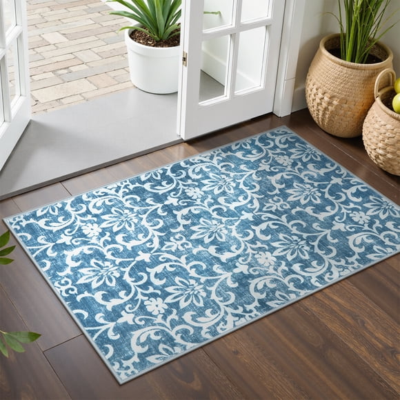 Lahome Decor Tapis Lavable 2'x3' pour Chambre, Tapis Vintage pour Dortoir, Tapis d'Intérieur Doux à Motif Floral Usé avec Endos Antidérapant pour Entrée, Ferme, Cuisine, Salle de Jeux pour Enfants, Bleu Pâle
