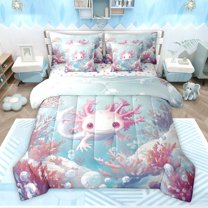 Homewish Kawaii Animal Salamander Bedding Comforter Set 7-Piece for Boys Girls,Ocean Axolotl King Bedding Sets,Cartoon Wildlife Ultra Soft Bed Sheets,Super Cozy Room Decor,Reversible