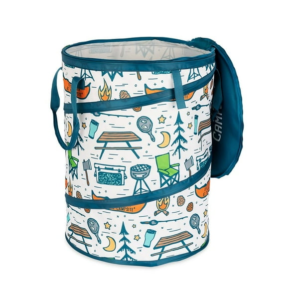 Camco Collapsible Container 42997 Life Is Better At The Campsite; Pop-Up Utility Container; Camping Theme Design; With Liner/Padded Carry Handles/Zipper Lid/Stake/Storage Bag